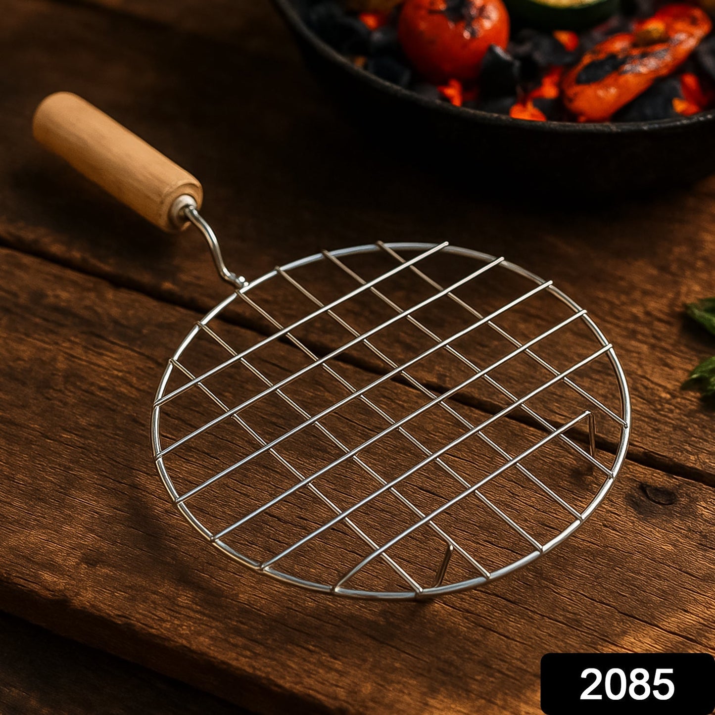 Kitchen Round Stainless Steel Roaster Papad Jali, Barbecue Grill with Wooden Handle Signature Kart
