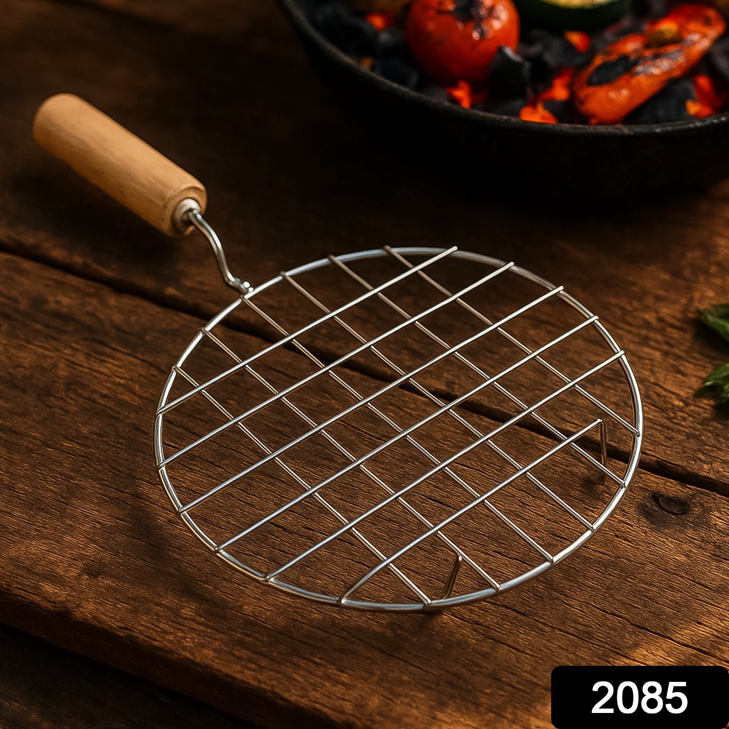 Kitchen Round Stainless Steel Roaster Papad Jali, Barbecue Grill with Wooden Handle Signature Kart