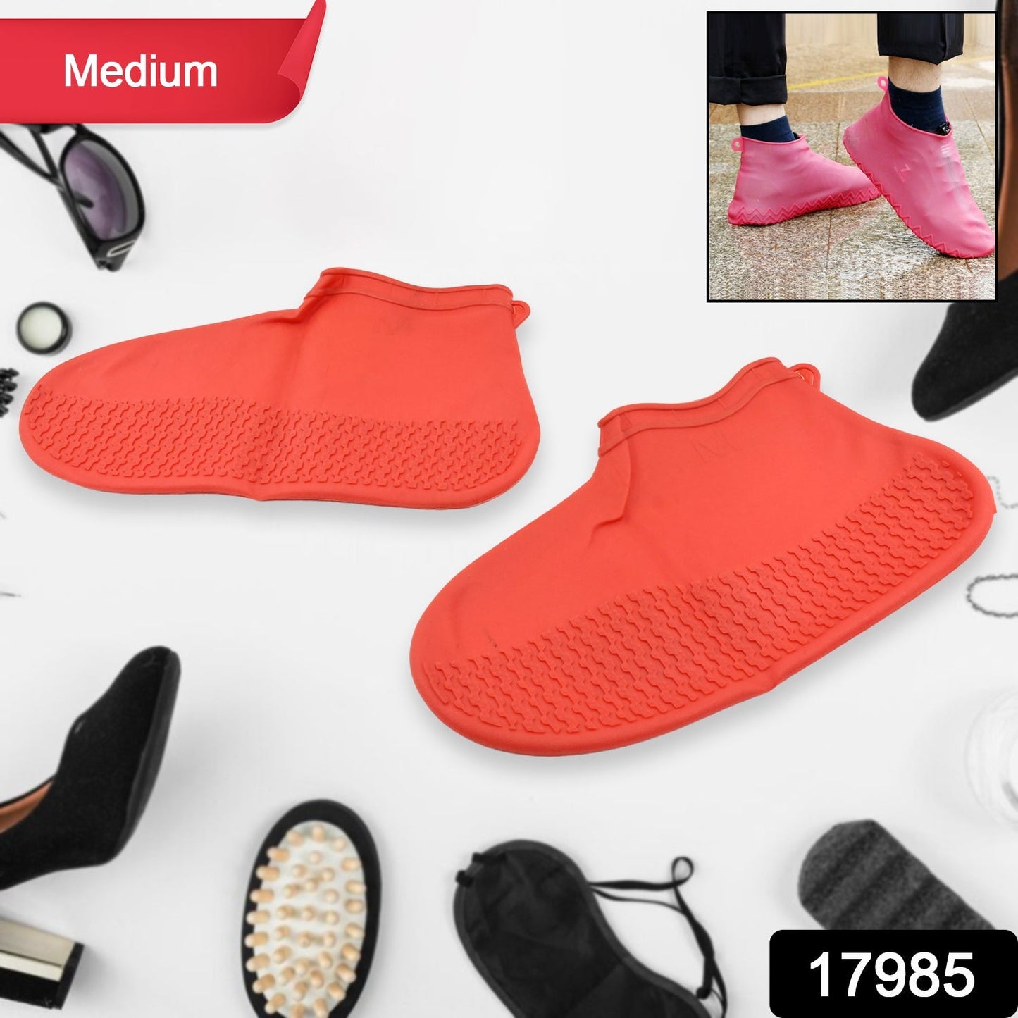 Non-Slip Silicone Waterproof Boot Shoe Cover (Medium Size / 1 Pair / Red) signaturekarts