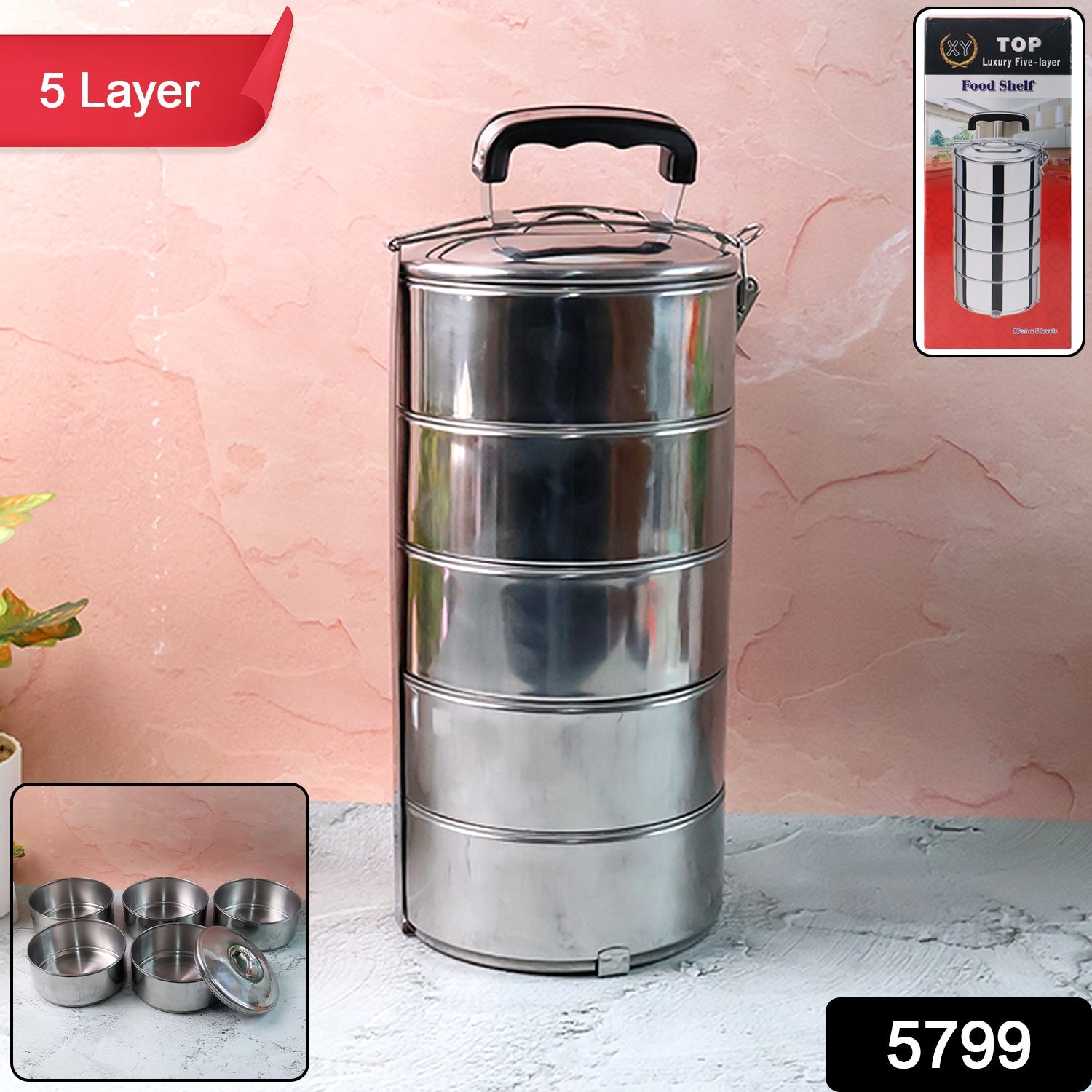 5 Compartment Lunch Box (Stainless Steel): Round Tiffin, Leakproof (16x5") signaturekarts