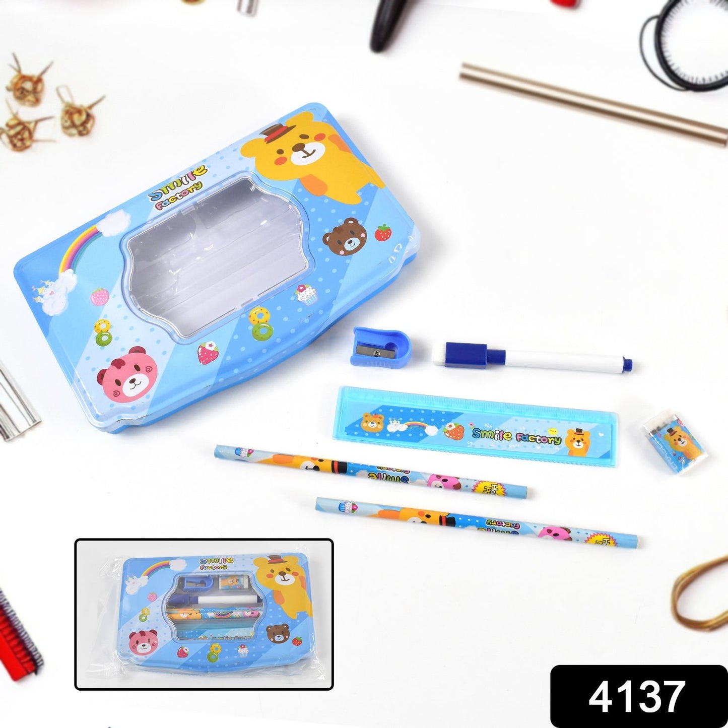 Cartoon Metal Compass Box for Kids with Stationery (6 Pc Set) signaturekarts