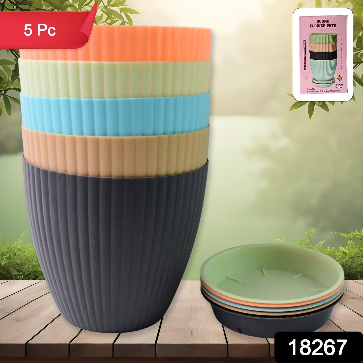 Round Plastic Flower Pot with Bottom Tray (5 Pcs Set / With Color Box) signaturekarts
