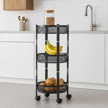 3-Layer Round Metal Mesh Utility Storage Trolley with Wheels signaturekarts