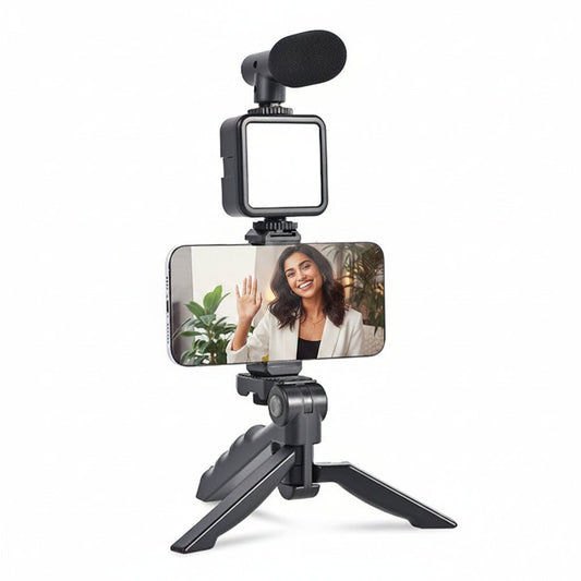 Vlogging Kit For Video Making With Mic Mini Tripod Stand Led Light Phone Holder Clip For Making Videos - signaturekarts.com