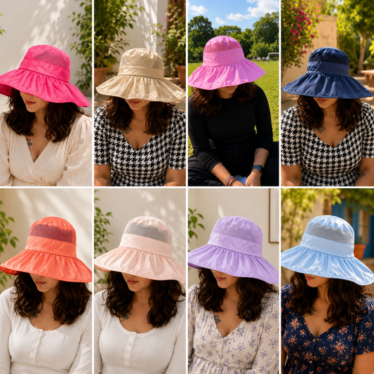 Women’s Wide Brim Sun Protection Hat with Open Top & Mesh Design (Random Color 1 PC) - signaturekarts.com